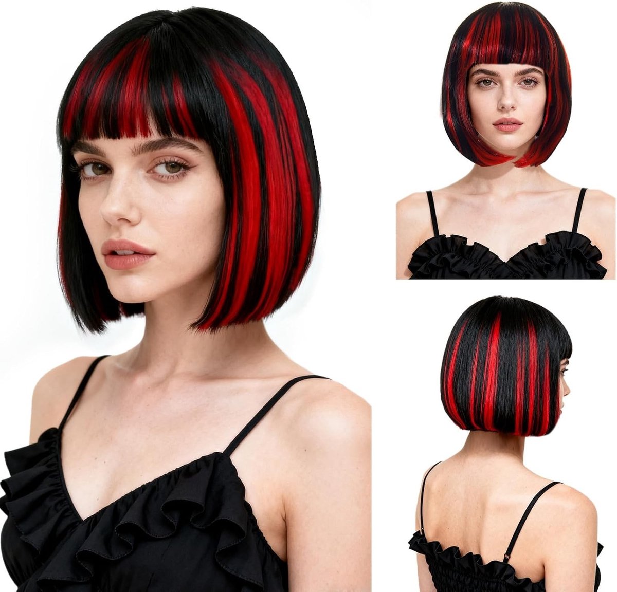 Korte Zwarte en Rode Vampierperruque voor Halloween, Gothic Kostuums en Cosplay Accessoires voor Feestjes