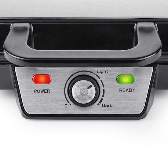 Close-up van controlepaneel: rode 'POWER' lamp, draaiknop met 'Light' en 'Dark', groene 'READY' lamp.