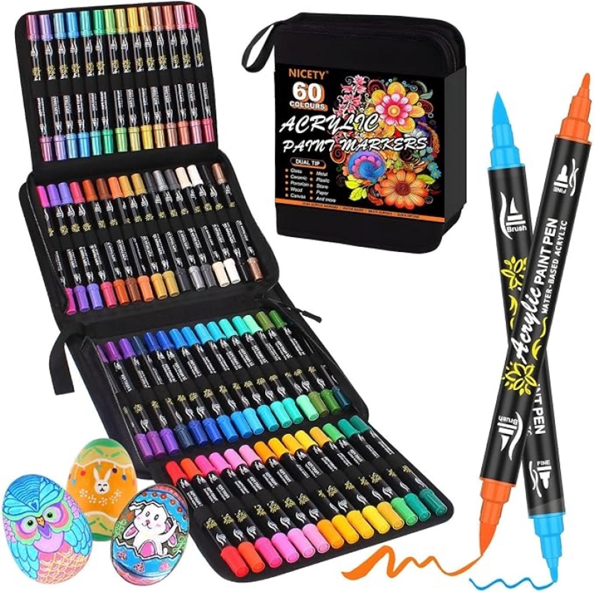 60 stuks acrylverfmarkers - Dual tip verfstiften met fijne punt 1 mm en penseelpunt 0,5-5 mm - Voor hout, canvas, glas, keramiek, steen en metaal - Zwarte opbergtas