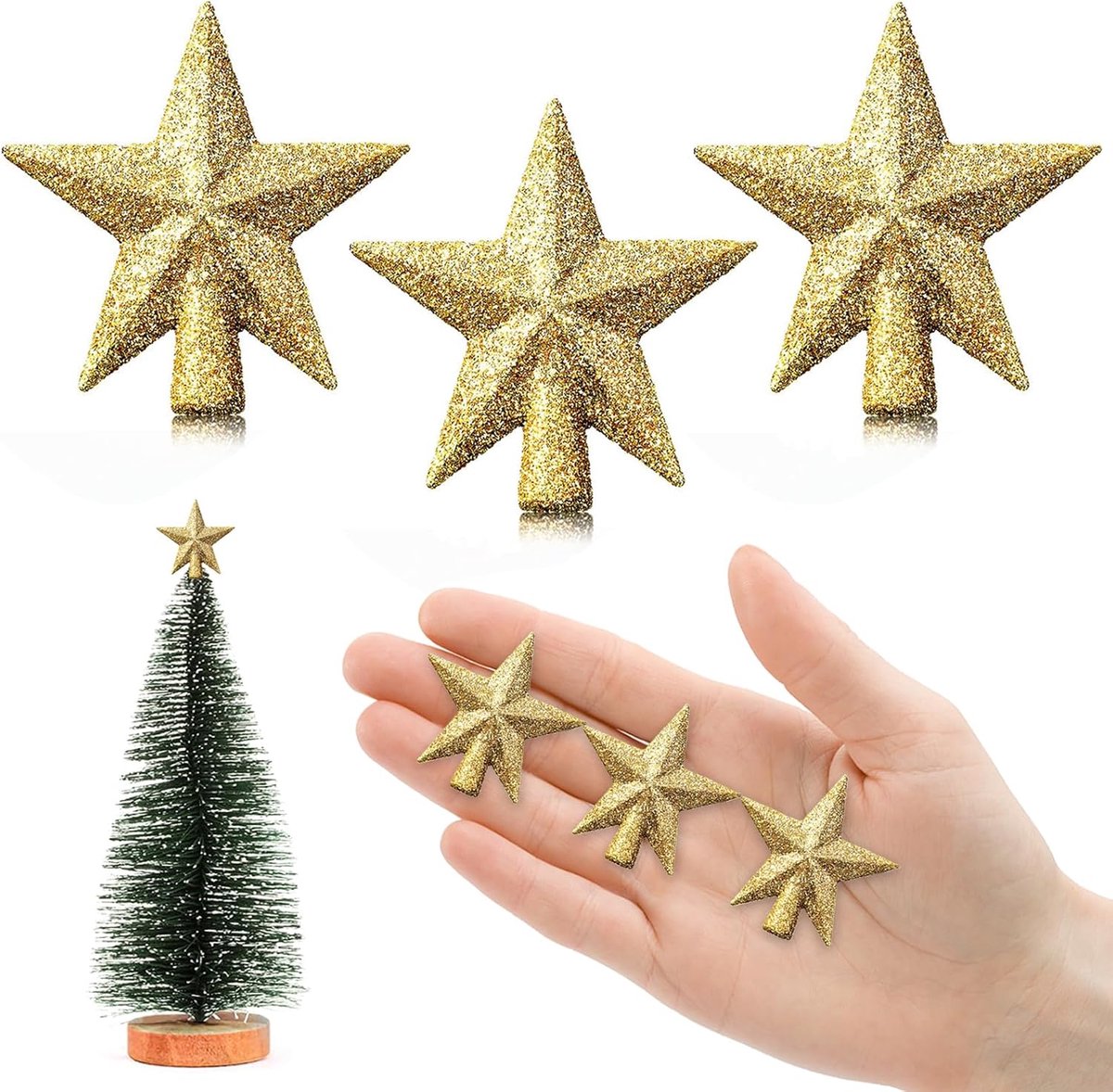 Ster voor kerstboom, 4,5 cm, mini-kerstboompiek, mini-sterren ter decoratie van de kleine kerstboom (4,5 cm glitter: goud)