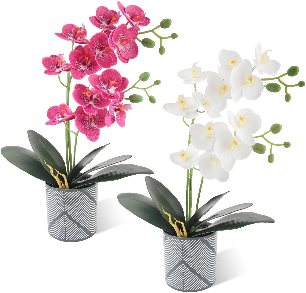 Kunstorchideeën in vaas, 50 cm, realistische kunstorchideeën, kunstbloemen, net echte bloemen met kunststof pot, voor tafeldecoratie, thuis, kantoor, bruiloft (wit/paars)