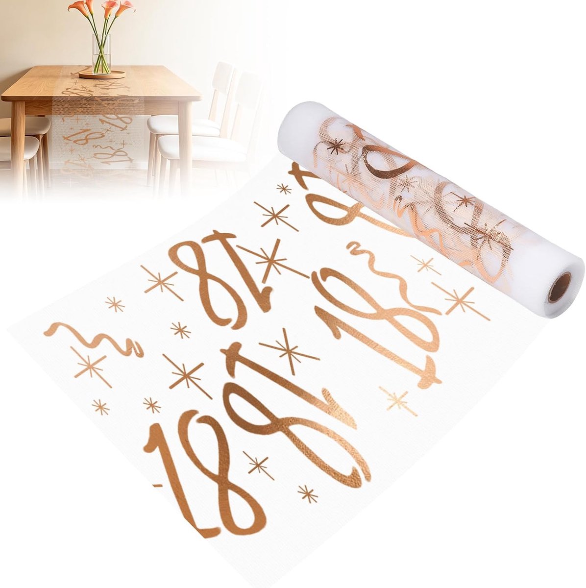 18 Jarig Jubileum Tafelloper Roségoud 28cmx10m, Herbruikbare Polyester Tafeldecoratie Op Maat Te Snijden, Glanzende Warmdruk Tafelloper Voor Mannen Vrouwen Verjaardagsfeest Jubileumdecoratie