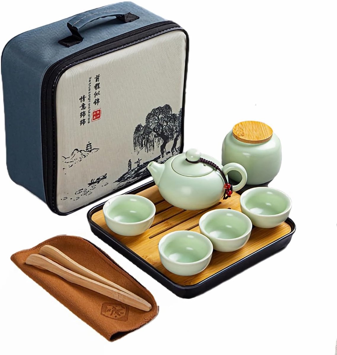 Theepot sets, Chinees Kungfu theeservies, keramische theepot met 4 kopjes en theedoos & dienblad, all-in-one cadeau reistheeset voor losse thee, groen