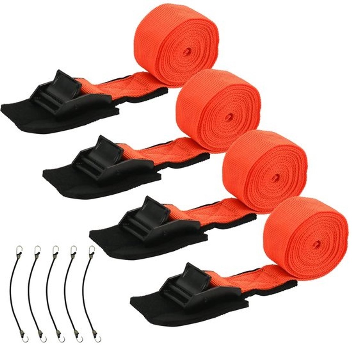 4 Spanbanden Set - Met Klemgesp en Polstering - 250 kg Belastbaarheid - Inclusief 5 Spanrubbers - Voor Fietsendrager, Motor, Auto - Oranje, 3,2 cm x 2,5 m