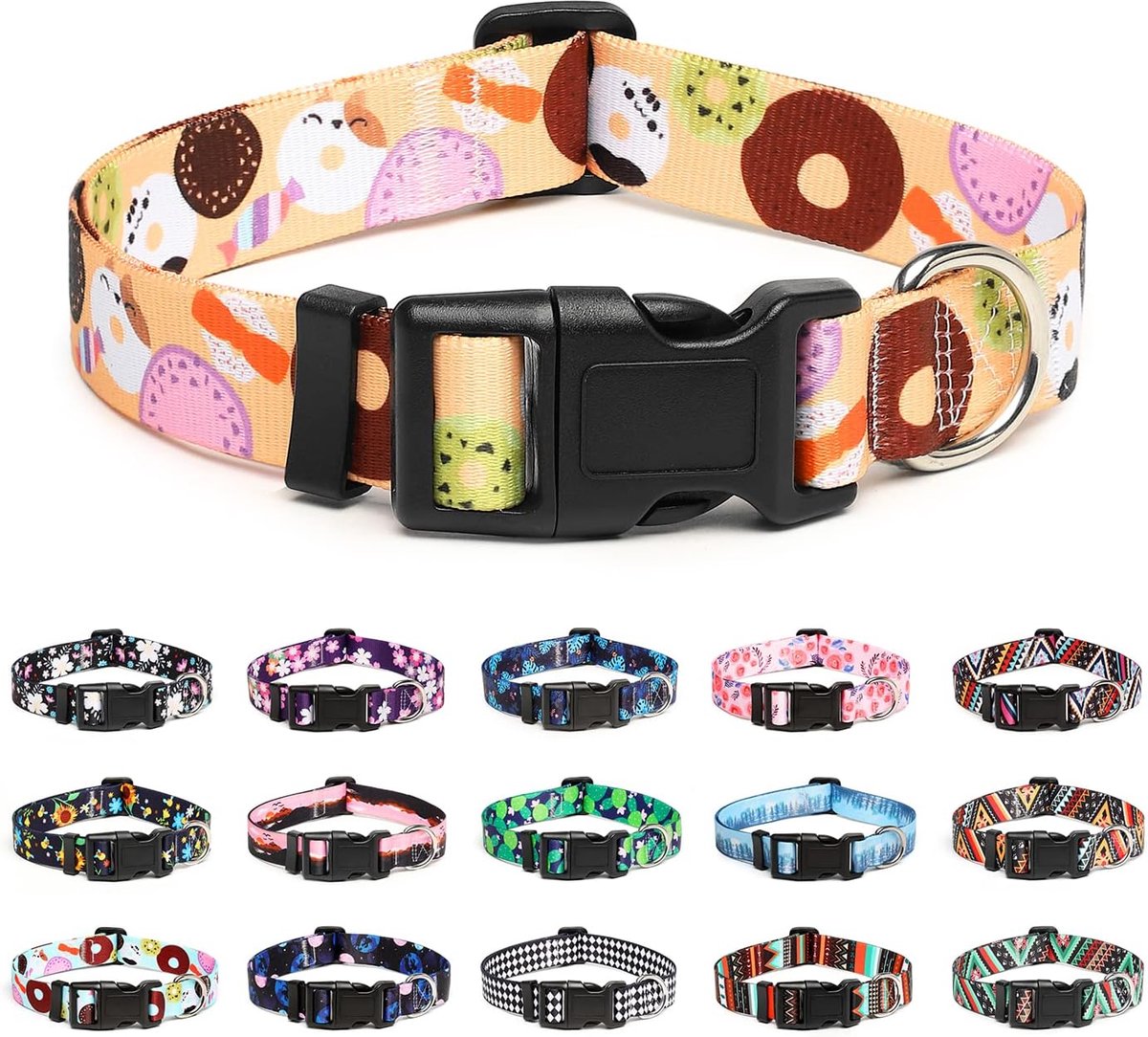 Verstelbare hondenhalsband - speciale ontwerpen, zachte comfortabele duurzame nylon halsband voor kleine, middelgrote en grote honden, M, beige koekje