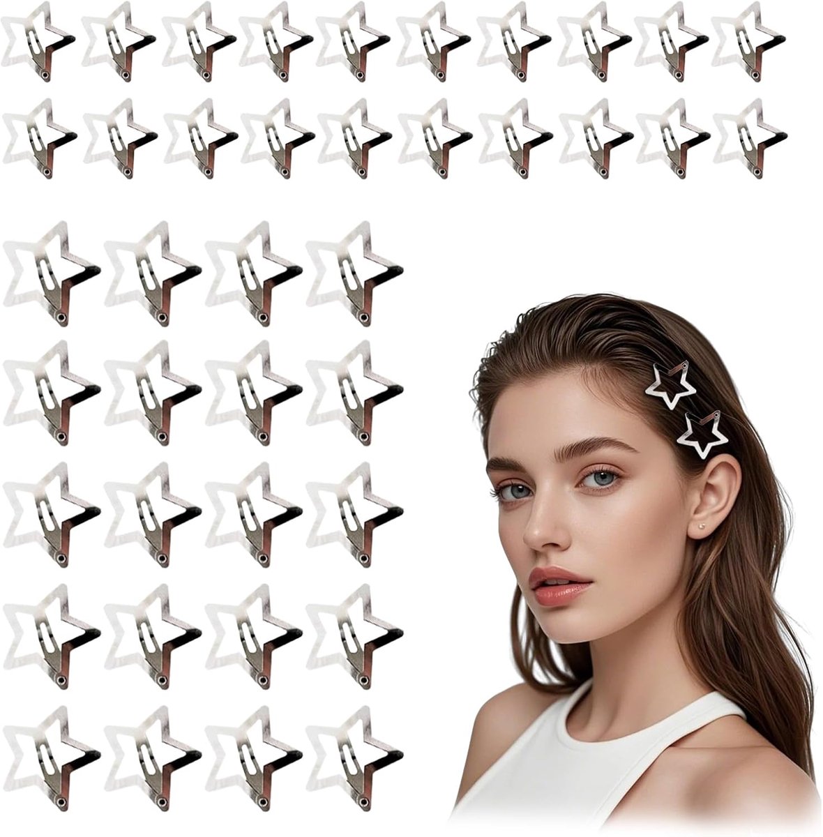 Haarspeld Y2K Ster Accessoires – Zilveren Clips voor Vrouwen en Meisjes, Set van 40 Leuke Haarspeldjes – Ideaal voor Dagelijkse Stijlen en Feestlooks