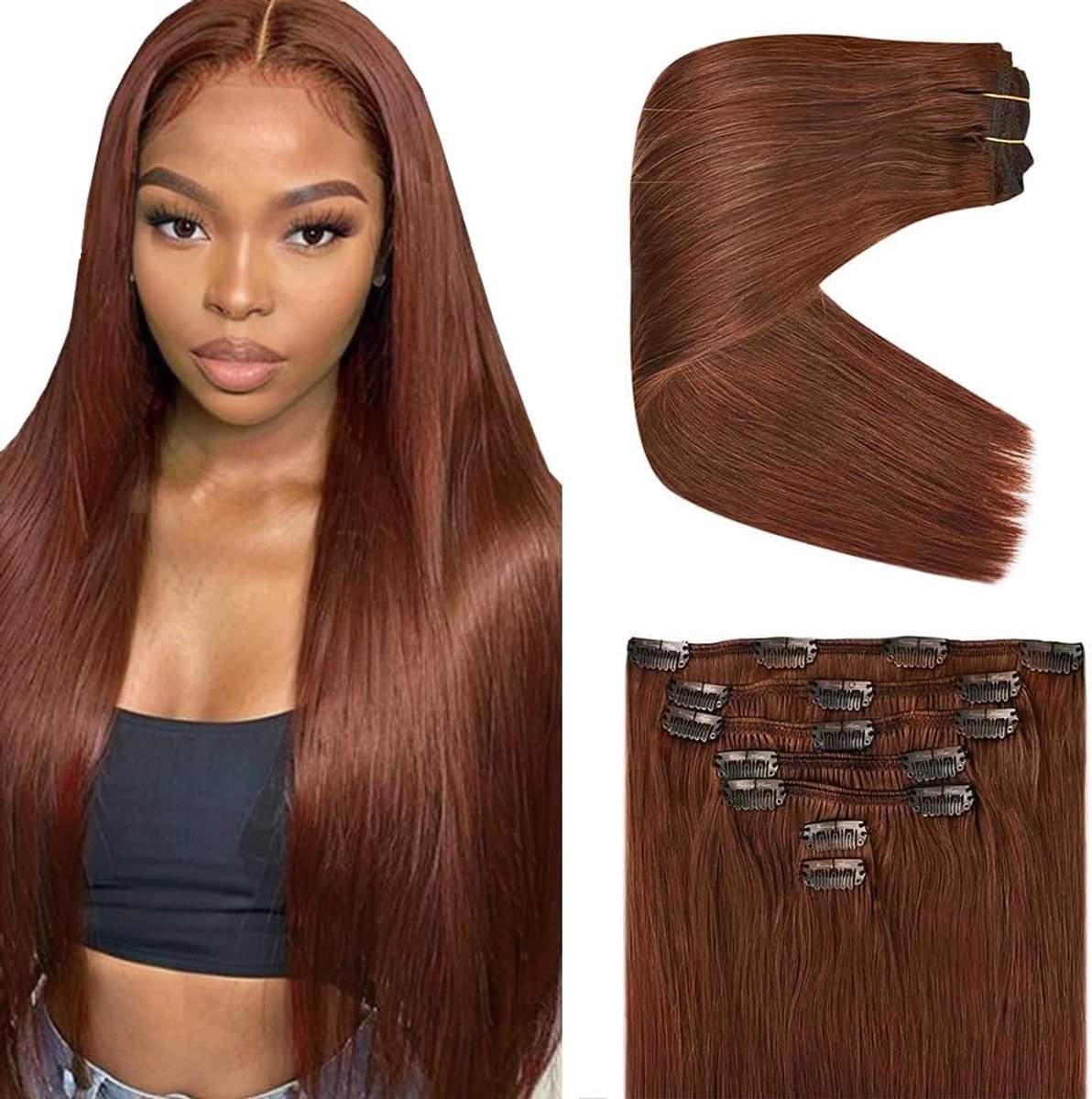 Clip in Extensions Human Hair Silky Straight Human Hair Extensions Clip in Invisible Hairpin #33 Reddish Brown 7pz 50 cm 120g Unprocessed Remy Hair for Women 20 Inch