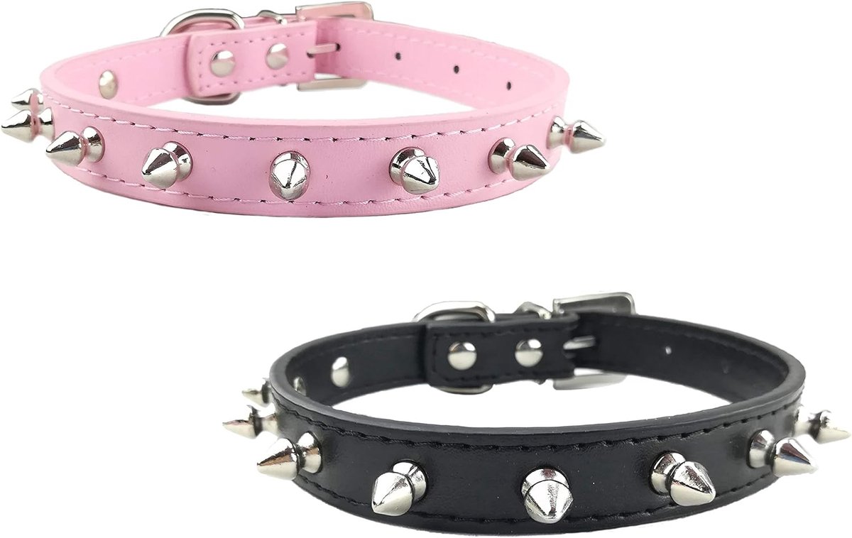 2 stks Studded Honden Kraag Set Punk Studded Puppy Kraag voor Kleine Honden Katten, L, PinkBlack