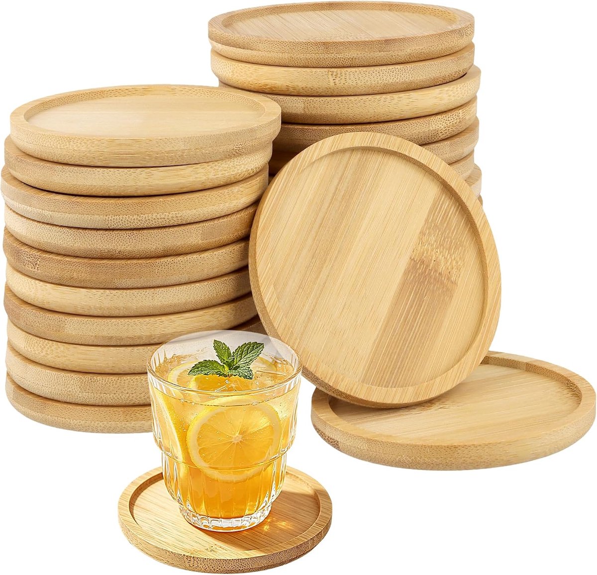 24 stuks ronde bamboe onderzetters, 9 cm, houten onderzetters, rond met rand, kaarsenonderzetters, bamboe voor tafeldecoratie, kaarsenhouder, dranken