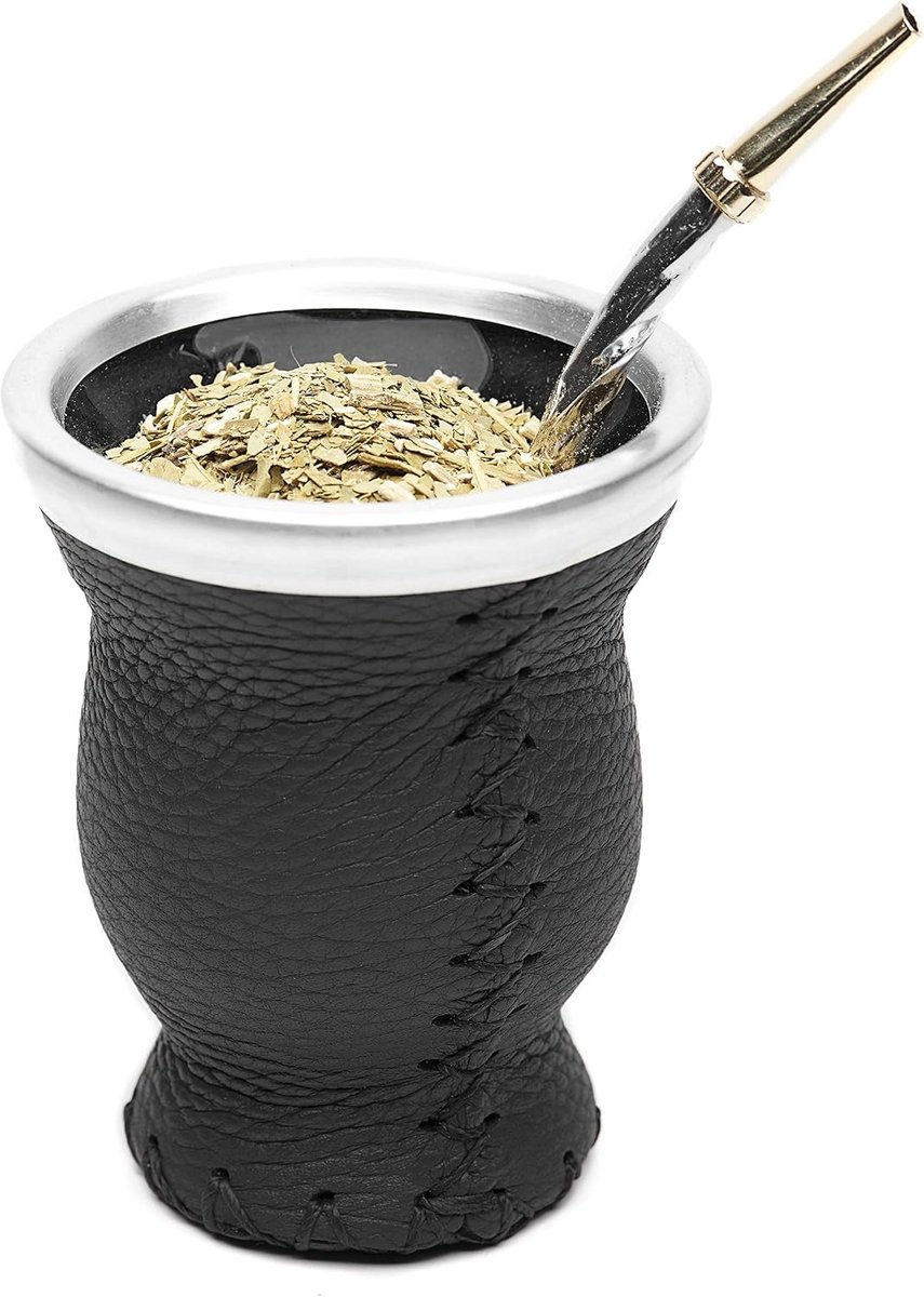 Balibetov Yerba-Mate beker van glas – leer ommanteld met bombilla (rietje) – zwart