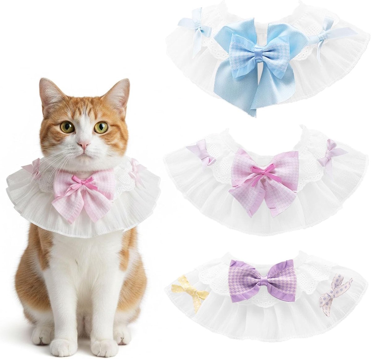 Halsbanden met kanten ruches strik, schattige hondenhalsband, zachte decoratieve huisdierhalsdoek, verstelbare huisdierslabbetjes voor kittens, kleine honden, feestkostuum (M)
