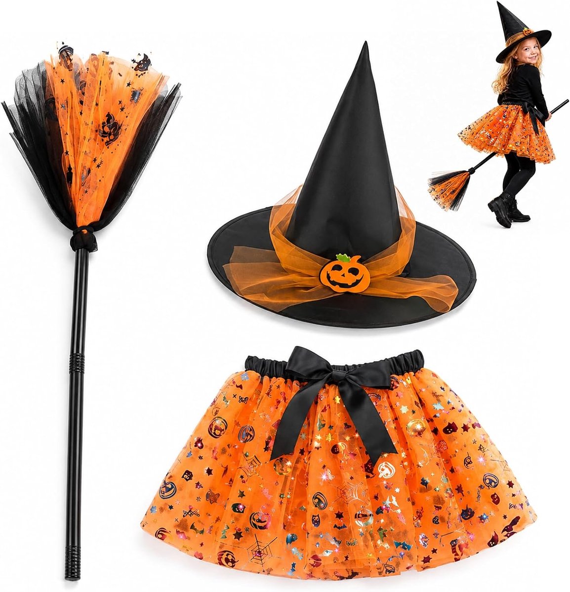 Halloween-kostuum, heksenkostuum met lichtgevende tutu-rok, heksenbezem en heksenho
