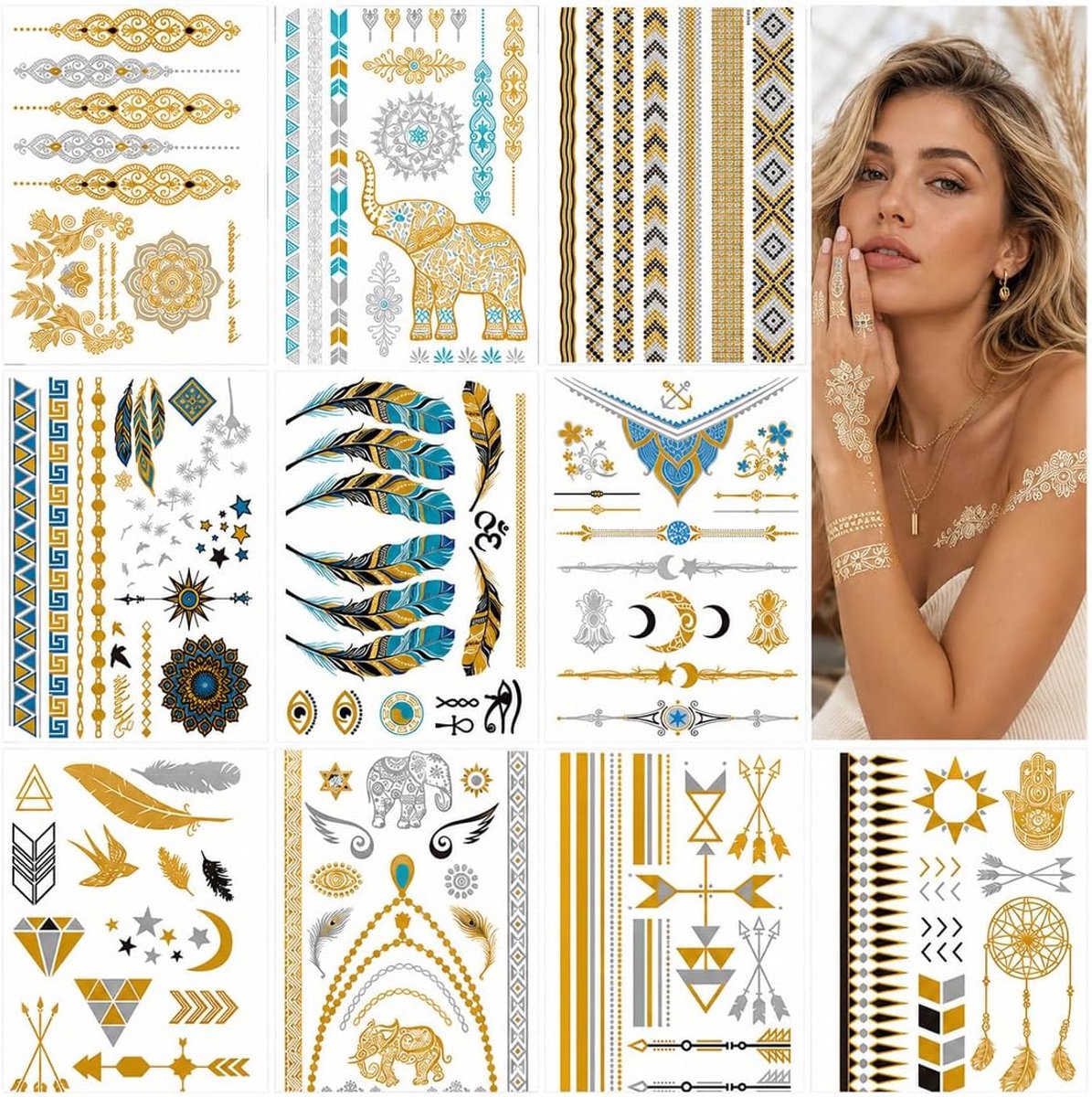 10 vellen festivaltatoeages, metallic glittertatoeages met boho-design, ideaal voor festivals, feesten, Halloween en carnaval, waterbestendig, 10 vellen