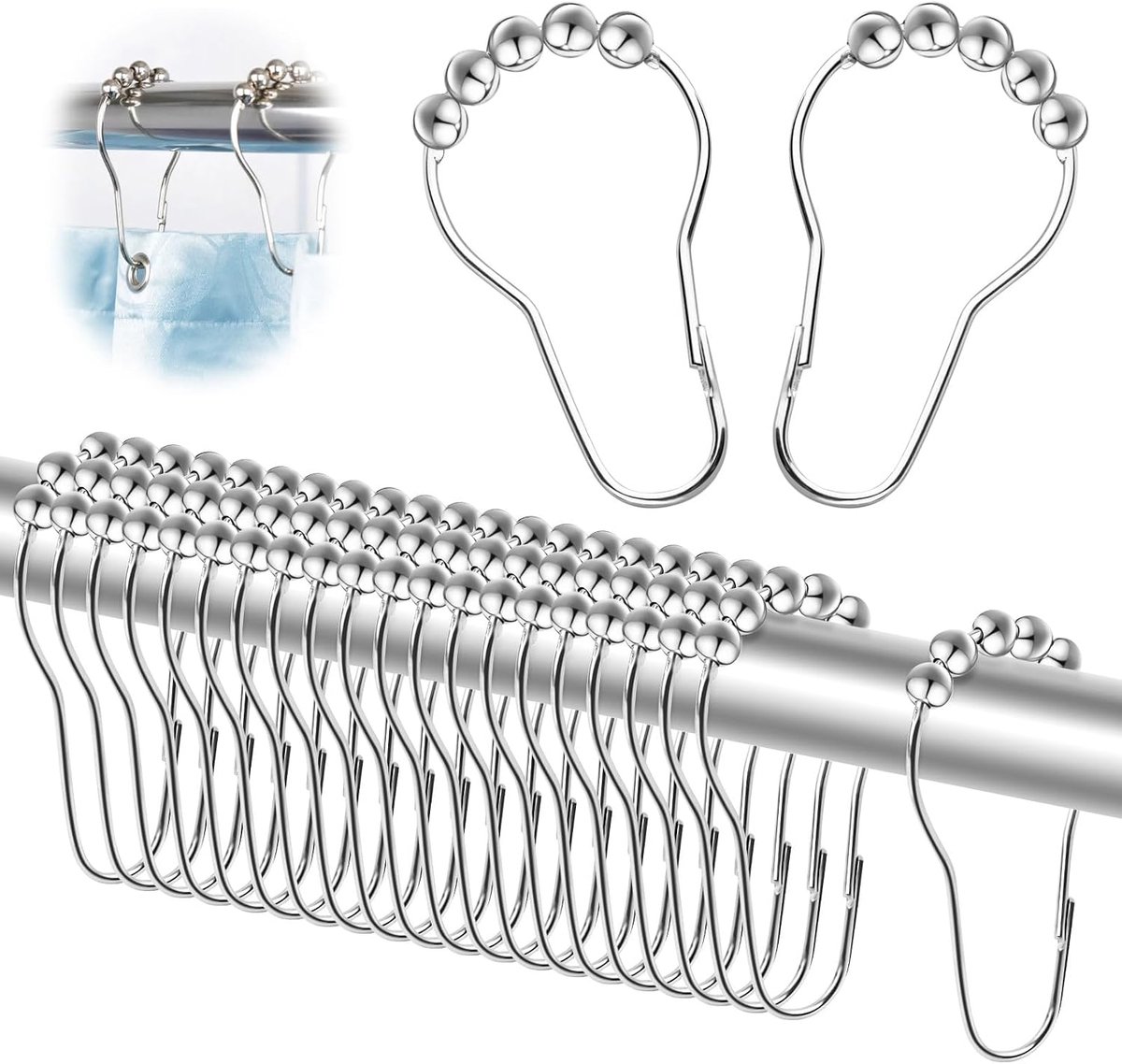 Ringen, douchegordijnringen met glijsysteem, ringen voor douchegordijn, douchegordijnringen, roestvrij, enkele haken voor gordijn, raam, kamer (zilver)