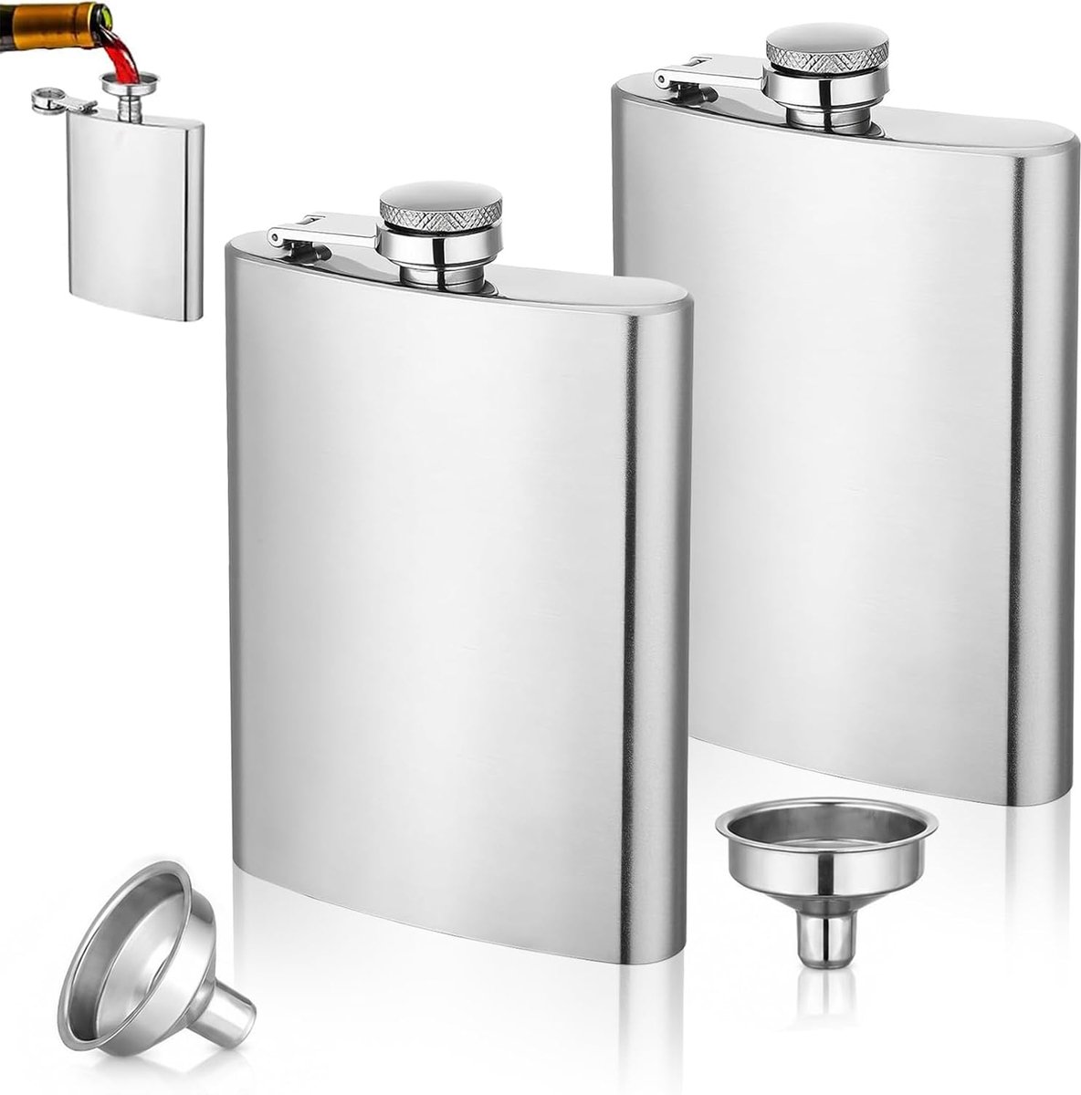 2 stuks heupfles met 2 trechters, 8oz / 230 ml, compact en draagbaar, roestvrijstalen heupfles voor wandelen, klimmen, kamperen, voor whisky, rum, wodka, zilver