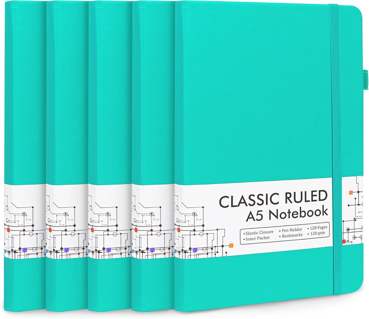 Feela 5 Pack Notebooks Journals Bulk, Hardcover Notebook Klassiek gelijnd Gelinieerd Tijdschriften met Pen Houder voor Vrouwen Meisjes School Zakelijke Benodigdheden, met 5 Zwarte Pennen, 120 GSM, 13