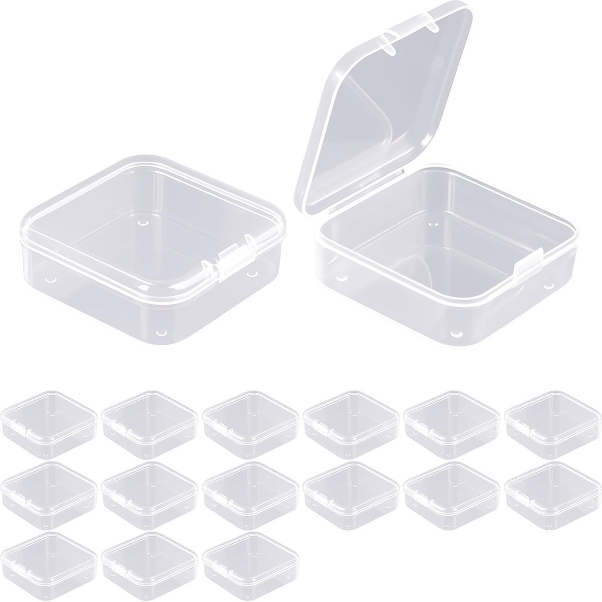 Set van 15 opbergdozen met deksel, klein, 5,5 x 5,5 x 2 cm, transparante plastic doos met deksel, voor pillen, kralen en knutselaccessoires
