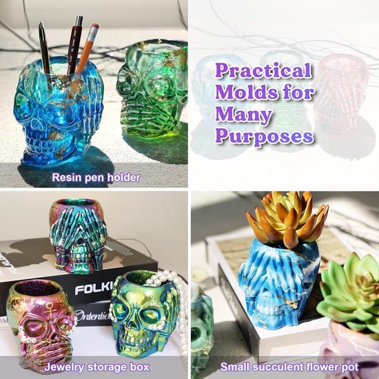 3 stuks siliconen bakvormen 3D doodskop voor epoxyhars, vaasvorm, 3D-ijsblokjes van siliconen, schedel, Halloween-schedel, doe-het-zelf, siliconen vormen, schedel voor decoratie, huis, handwerk, feest — afbeelding 3