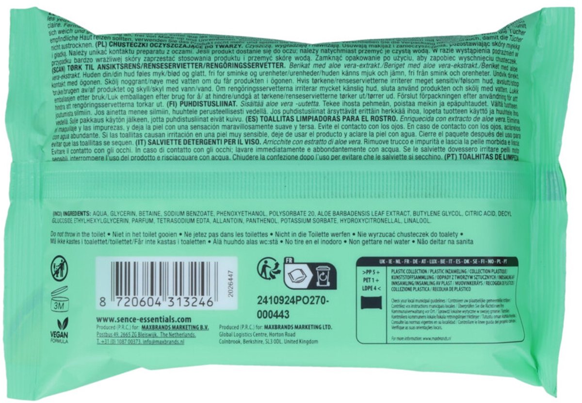 Sence Gezichtsreinigingsdoekjes Aloë Vera - 4 x 20 stuks - Voordeelverpakking