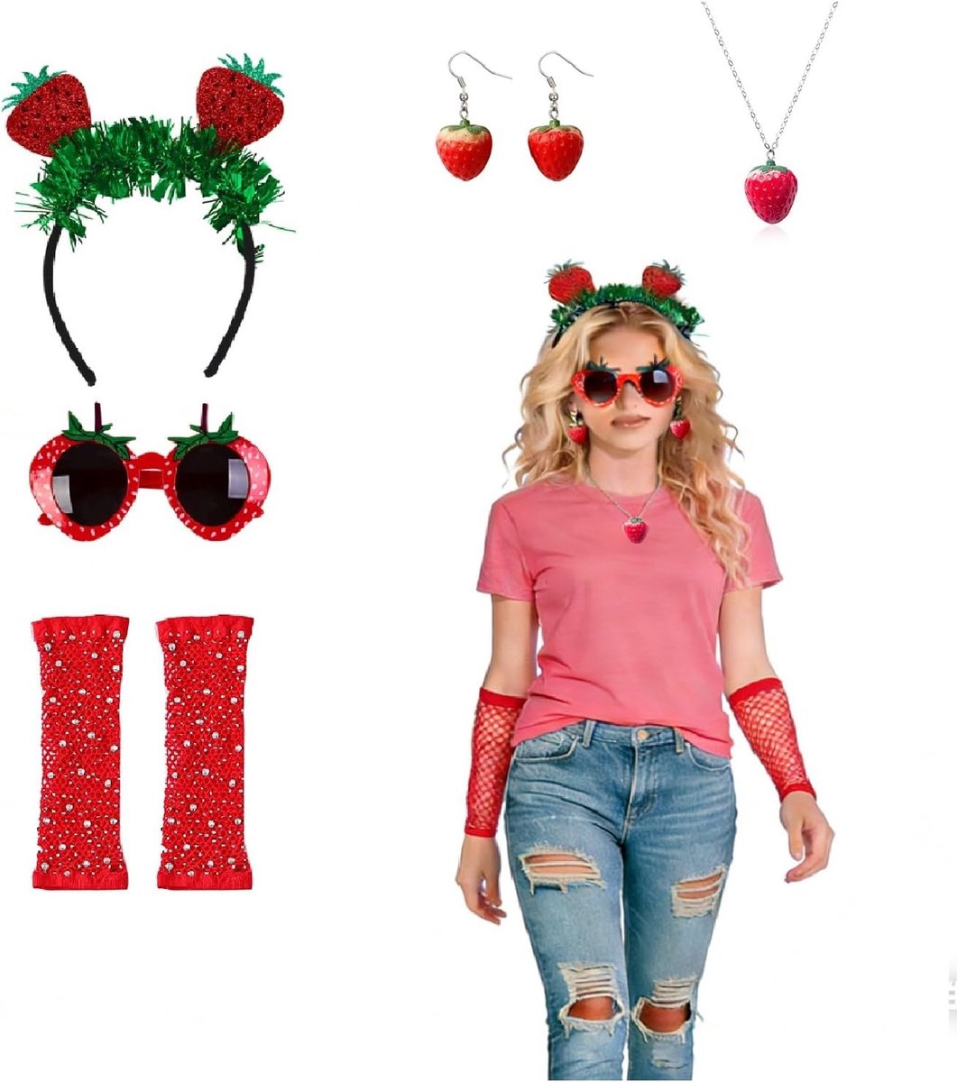 Aardbeikostuum voor dames, 5-delig, aardbeienhaarelastiek, bril, rode wanten met strassteentjes, oorbellen en halsketting, rood fruit, snoepkostuum voor carnaval, themafeesten en cadeau voor