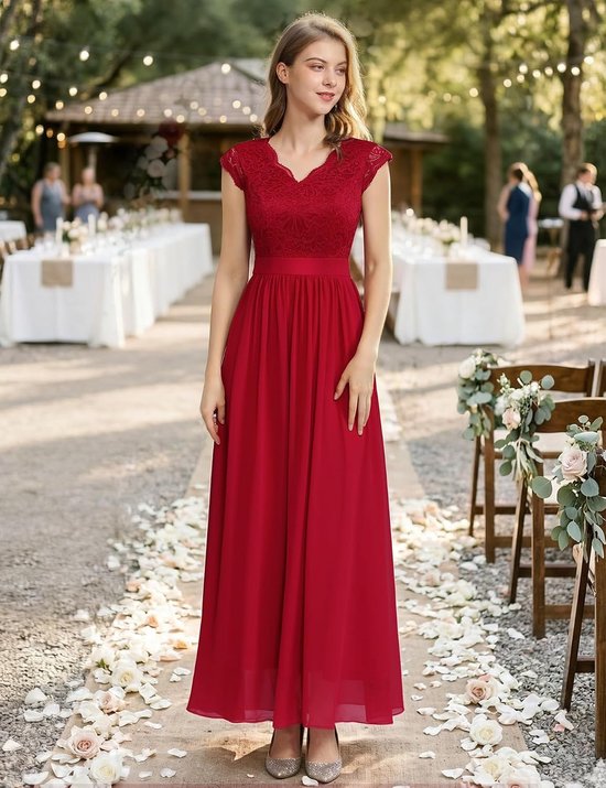 Dames baljurk maxi lange avondjurken elegant voor bruiloft kant cocktailjurk, Band_rood, L — afbeelding 5