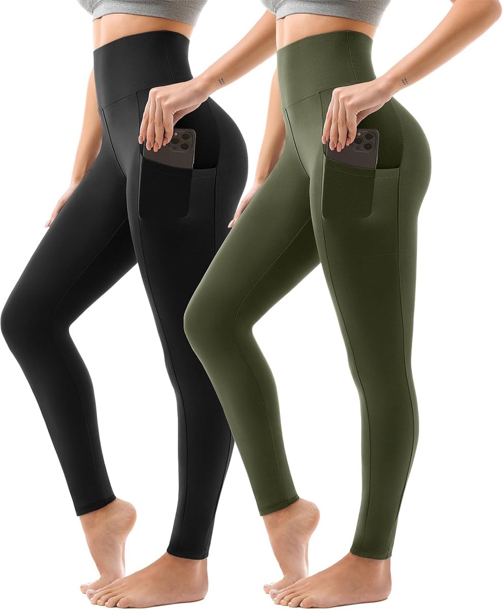 Sportlegging voor dames, hoge taille, sportbroek voor dames, lang met zakken, voor gym, yoga, verpakking van 2 stuks, SM, zwart/grijs