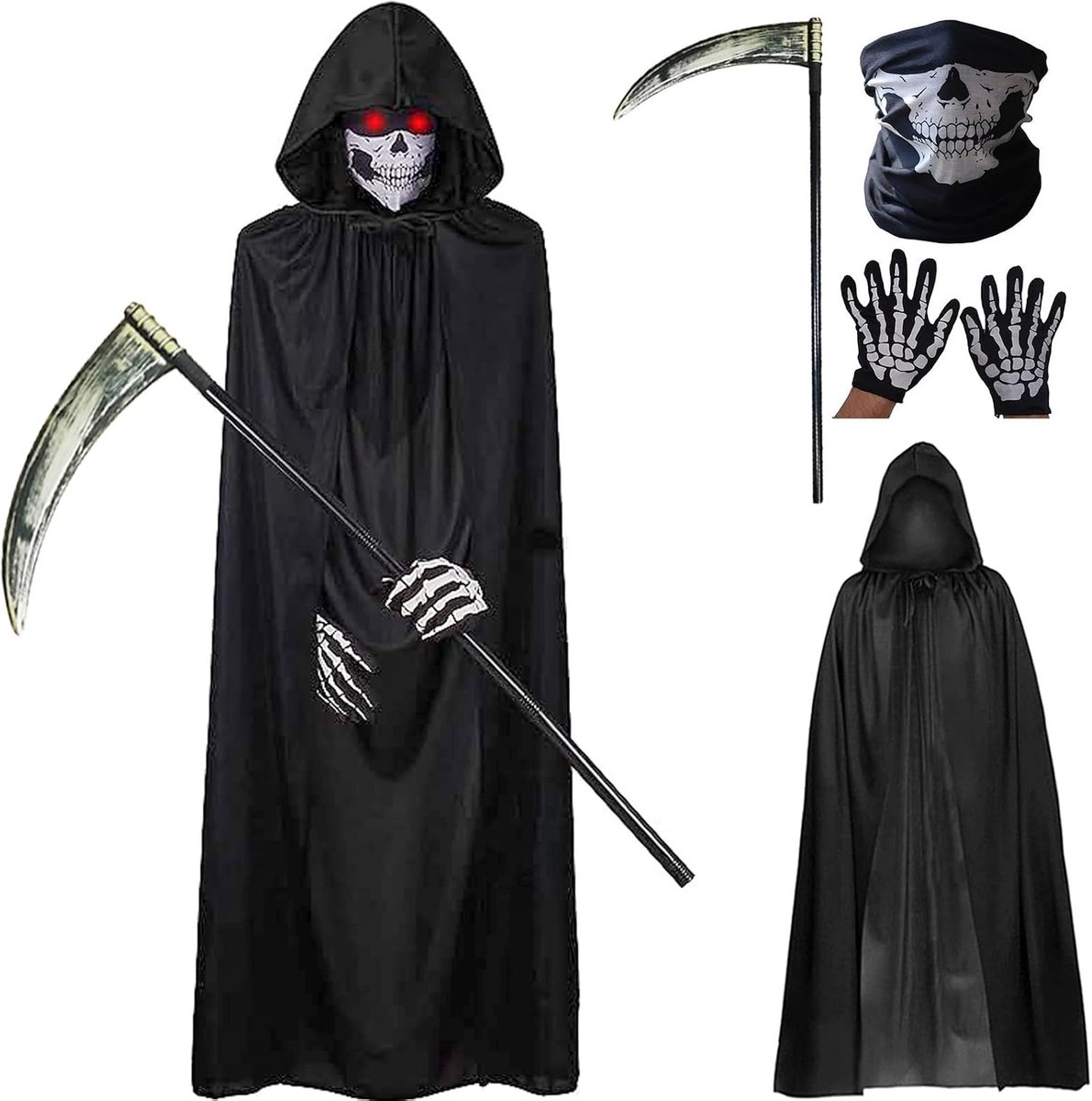 Magere man-kostuum voor heren, doodkostuum, met schedelmasker, zeisenman-cape, voor Halloween-decoratie, cosplay