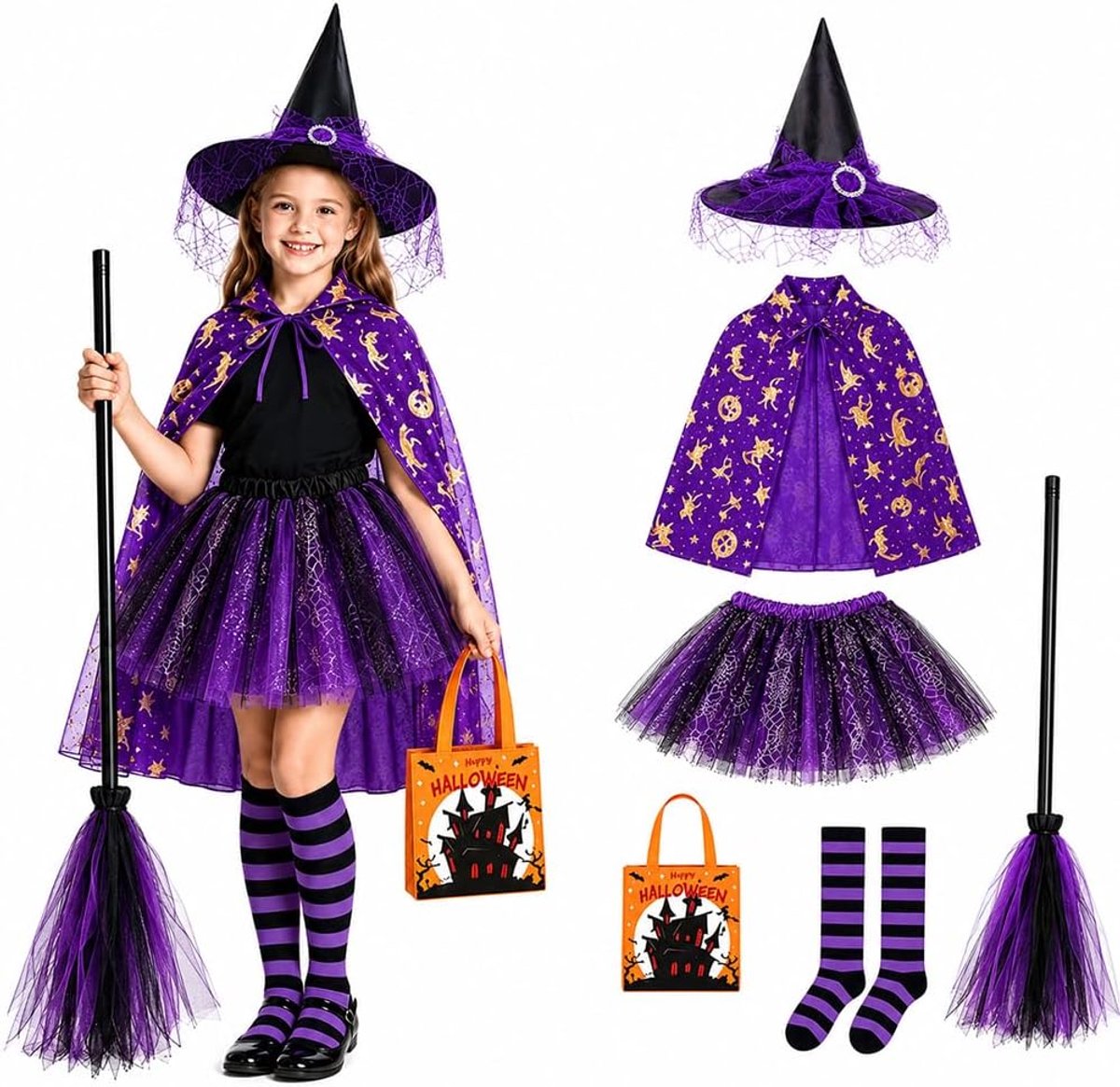 Heksenkostuum voor meisjes, 6-delig, Halloween, heksenkostuum voor kinderen