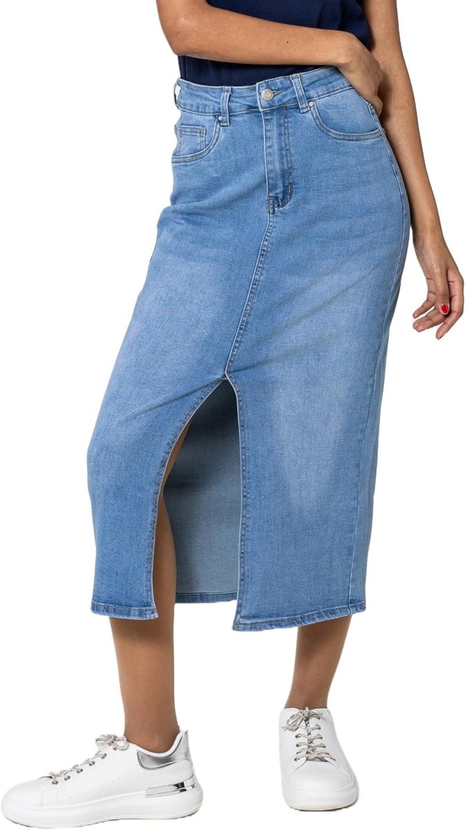 Carter P215 Damesrok met hoge taille, kuitlange jeansrok met voorsplit, lange rok, ritssluiting, stretch, used look