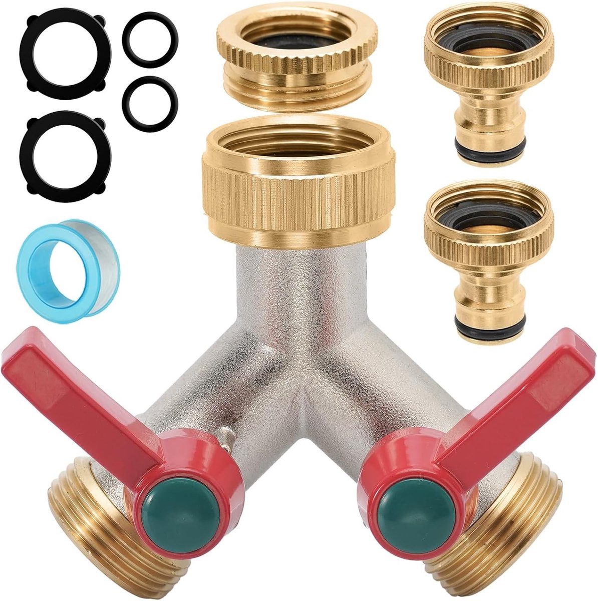 Tweeweg Tuinslang Splitter met Twee Snelle Slangaansluitingen, 3/4 Inch Y Splitter met Aan/Uit Ventielen en Verlengde Handgreep, Duurzame Messing Tuinconnector voor Efficiënte Waterverdeling in de Tuin