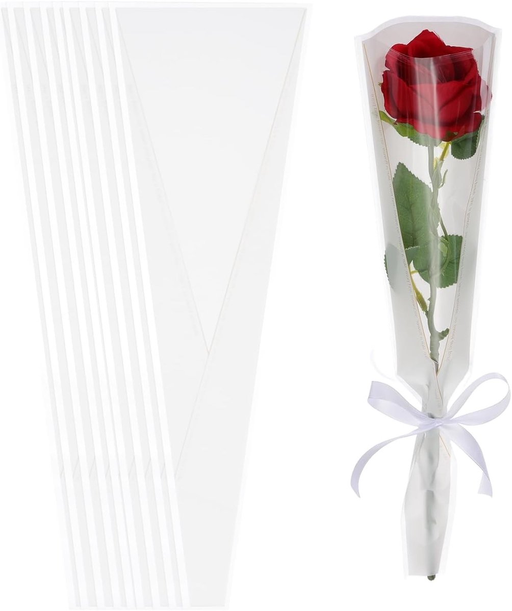 50 Stuks Witte Bloemen Verpakkingszakken met Gouden Rand en Ribbons voor Boeketten, Bruiloften, Verjaardagen en Afscheidsarrangementen, 45 x 12 x 3 cm