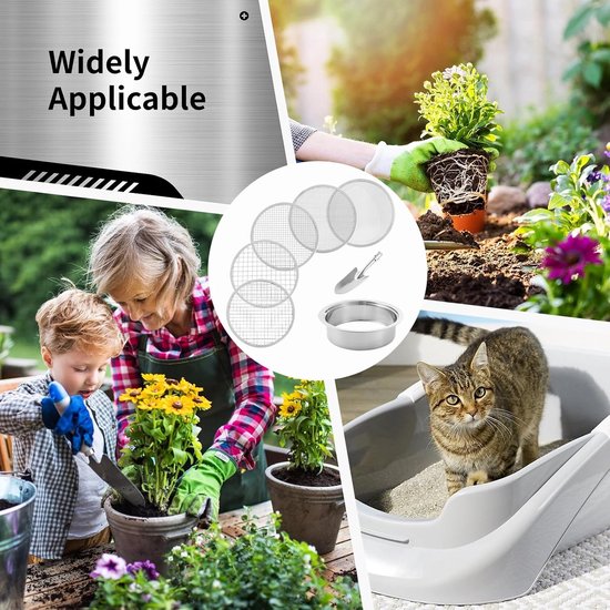 7-delige tuinzeefset – 5-in-1 metalen tuinzeef – Ronde metalen zeef – Zeef voor grond en stenen – Roestvrijstalen zandzeef (maaswijdtes: 1, 3, 6, 9, 12 mm) – Inclusief handschepje – Geschikt voor grond, stenen, onkruid, grind en zaden – Zilverkleurig — afbeelding 4