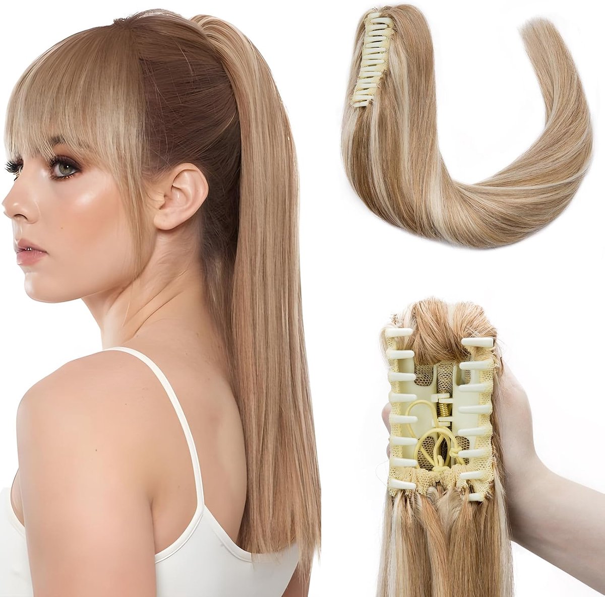 Extensions van echt haar, paardenstaart, paardenstaart haarverlenging, 35 cm, haarstukjes met klemmen, Remy vlecht, menselijk haar #12/613, goudbruin en gebleekt blond