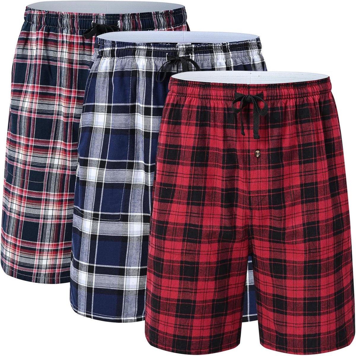 Pyjamabroek voor heren, korte pyjama, katoen, set van 3, geruite slaapbroek, zacht, ademend, zakken, knoopsluiting
