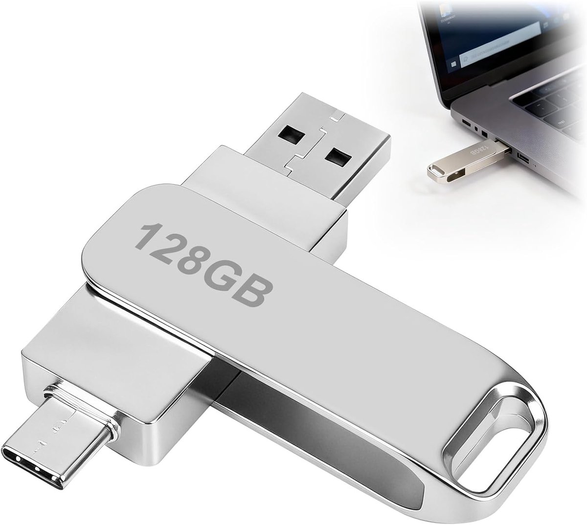 USB-stick 128 GB 2-in-1 USB-stick met USB-C en USB-A metaal 2.0 OTG USB-stick dual USB-stick voor smartphone, tablet, pc, laptop