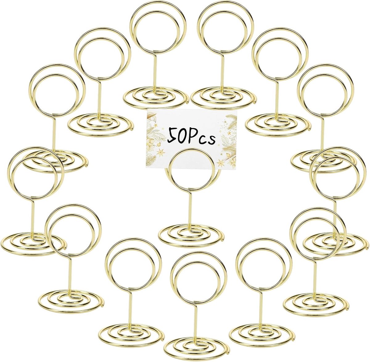 50 stuks tafelkaarthouder met klemmen, metaal, goud, stabiele fotohouder | Menukaarthouder, 5 × 3,3 cm, rond, klein, herbruikbaar, elegant, voor bruiloften, feesten, restaurants