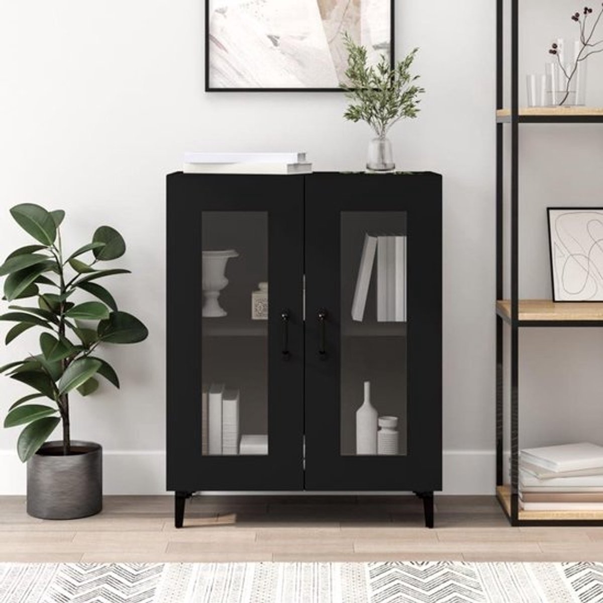 Dressoir Zwart Houten Kast - Opbergkast voor Woonkamer en Hal