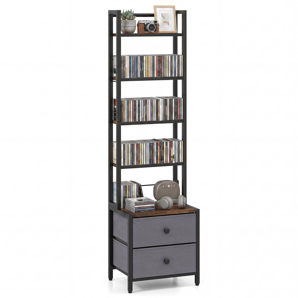 Costway Boekenkast 5 Planken met 2 Laden Rustiek Bruin + Zwart + Grijs