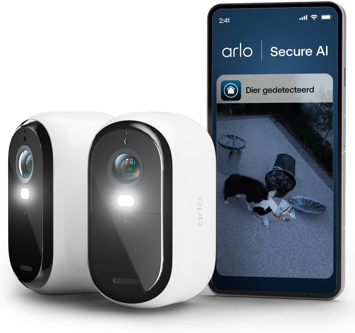 Essential 3 HD, WiFi-buitencamera, batterijduur 6 maanden, nachtzicht in kleur, licht, sirene, tweerichtingsaudio, 2 witte camera's