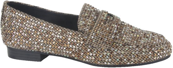 Taupe La Strada loafer versierd met glinsterende steentjes en een strikje op de neus.