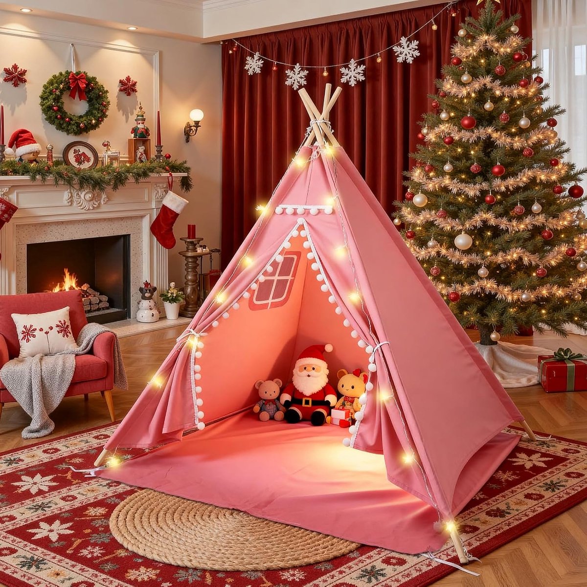 Tipi-tent voor kinderen, tipi, kindertent voor binnen en buiten, 120 x 140 cm, canvas, kindertent, speelhuis met lichtsnoer en opbergtas, voor binnen of buiten (roze)