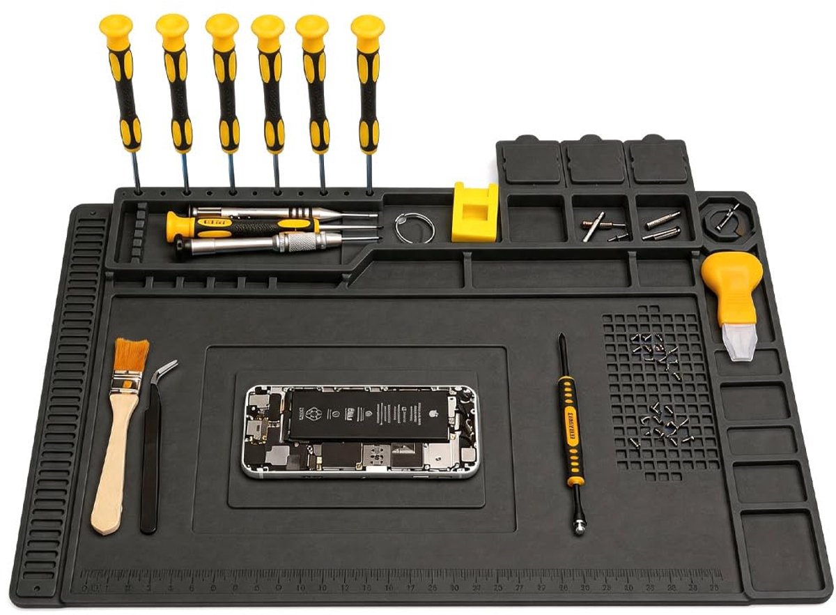 Soldeermat, antistatisch, siliconen reparatiemat 45 x 30 cm, 500 °C hittebestendige magnetische werkonderlegger met schroefvakken, voor soldeerbout, elektronica, mobiele telefoon en laptop