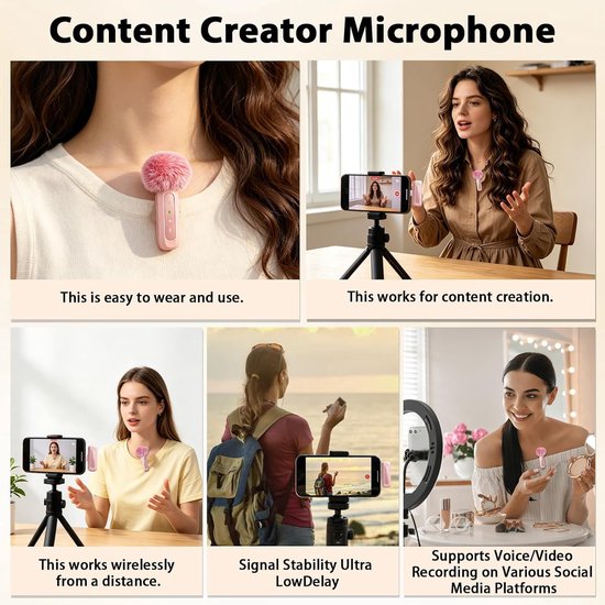 Roze microfoon geschikt voor iPhone en USB-C stekker, lavalier-microfoon geschikt voor ruisonderdrukking, led-display en draaibare clip, ideaal voor vlog, TikTok en het maken van inhoud — afbeelding 5