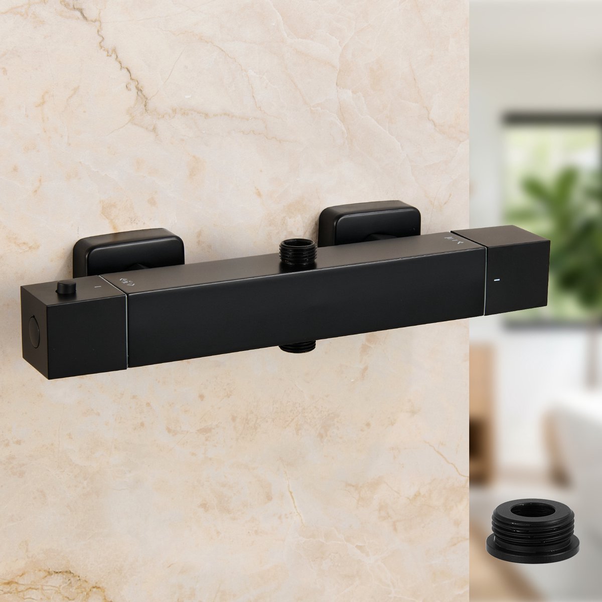 Auralum Max Thermostatische Douchekraan - 15 cm Hartafstand - Douchemengkraan met 2 Uitgangen - Inclusief koppelingen - Douchethermostaat - Waterbesparend - Met CoolTouch technologie - Zwart