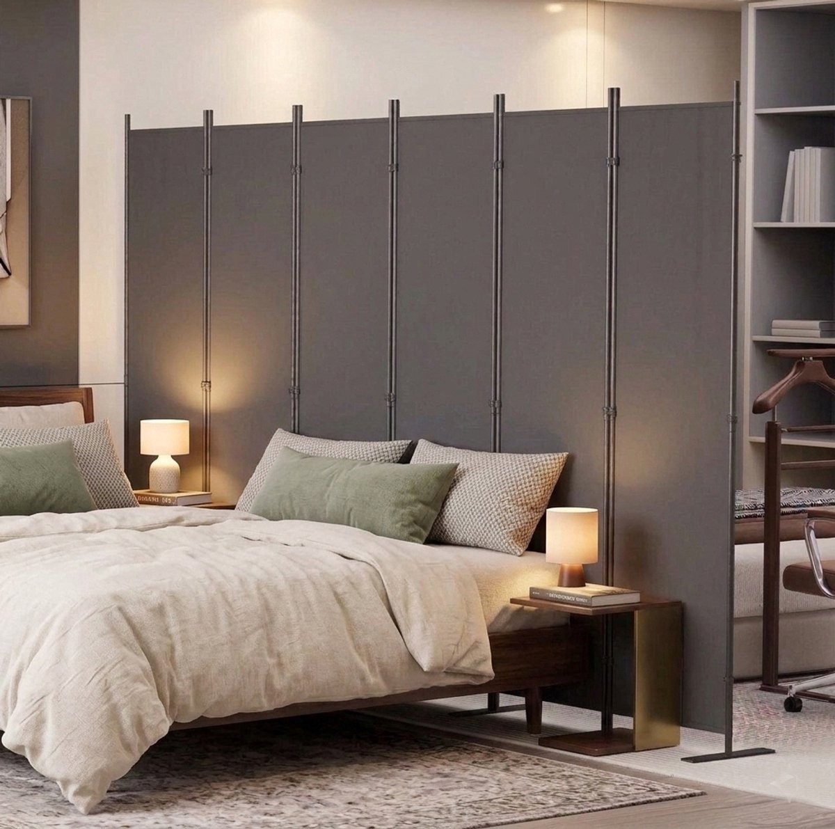 MEUNIQ Kamerscherm 6-delig 304 x 180 cm - vouwbare vrijstaande paravent met Oxford-weefsel en metalen frame voor kantoor en slaapkamer - donkergrijs