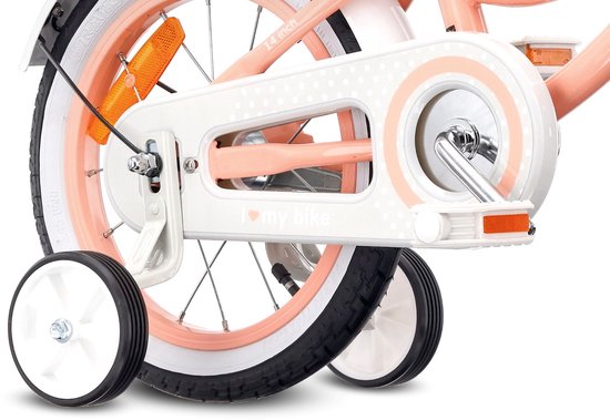 Heart Bike Fiets voor een meisje van 3 tot 5 jaar, 14 inch Abrikoos, met fietsbel, zijwieltjes, duwstang en stuurmandje van Toimsa — afbeelding 5