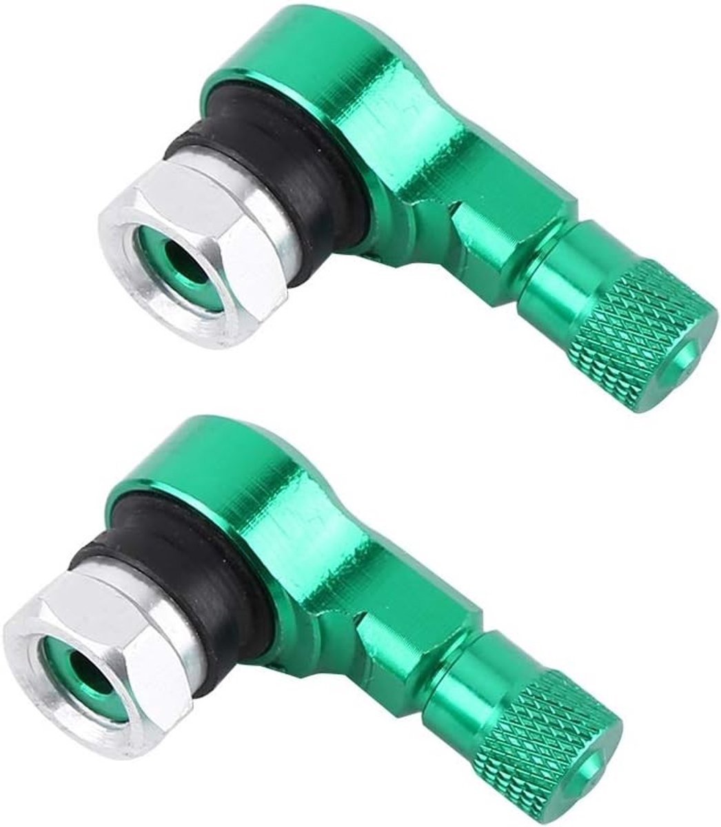 Set van 2 stuks 90 graden ventieldoppen voor motorfiets, aluminium ventieldoppen voor wielen, tubeless snap-in ventielen in groen, geschikt voor diverse voertuigen