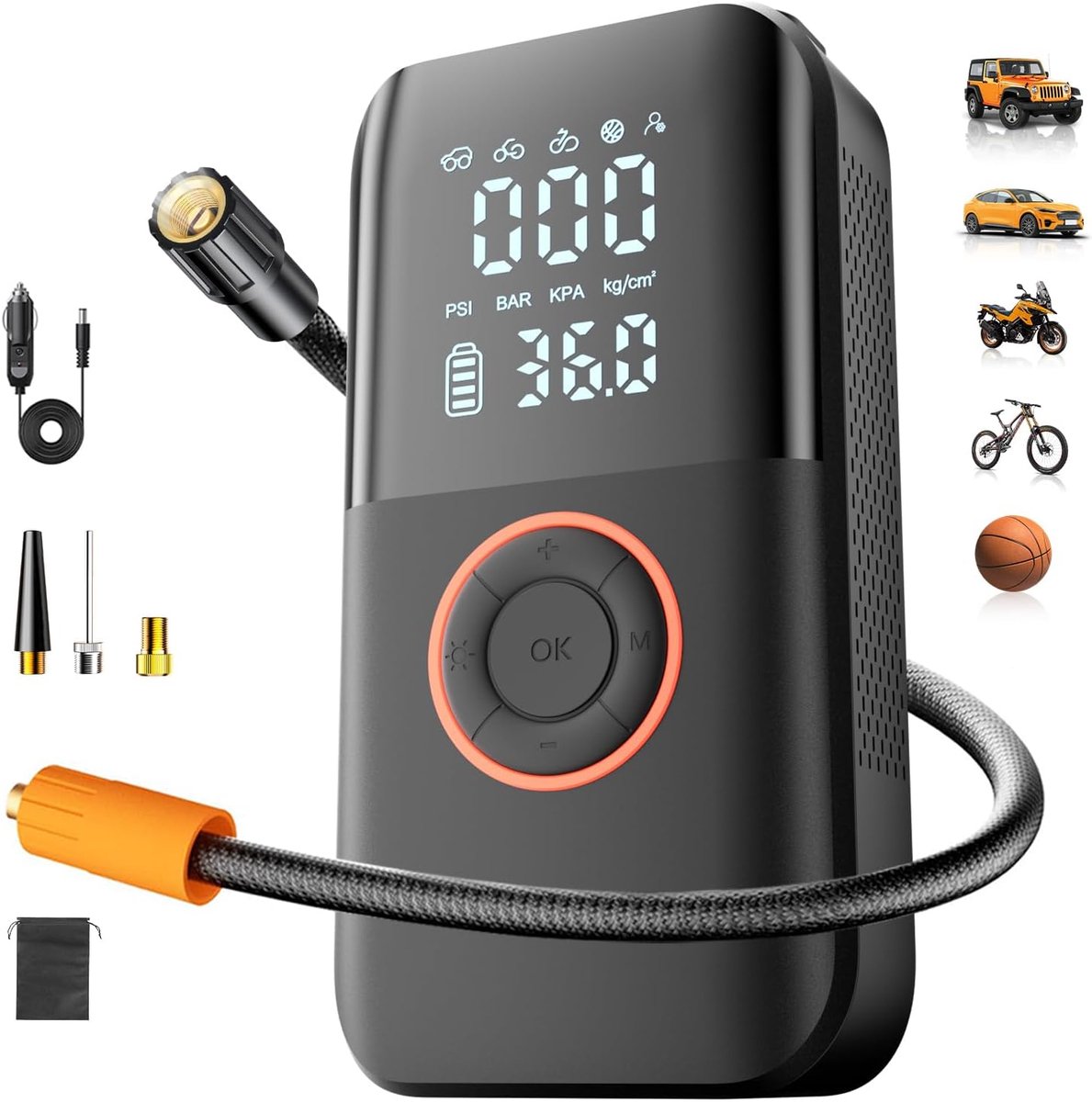 Draagbare bandenpomp met dubbele voeding, 150 PSI-luchtcompressor, 12V DC-voeding | 5400 mAh-luchtpomp, oppompen in 6 minuten, automatische uitschakeling, manometer, ledverlichting, ingebouwde opbergruimte – Voor auto's, fietsen en sportballen