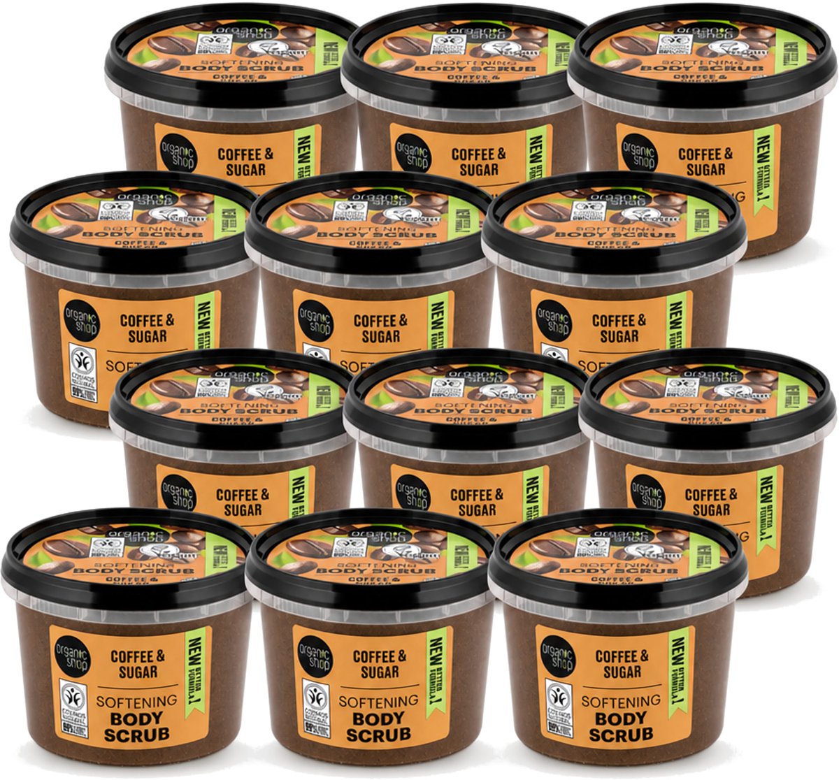 12 x Organic Shop - Organic Coffee & Sugar Body Scrub - Hydraterend en Peeling - 250 ml - Voordeelverpakking - 12 stuks