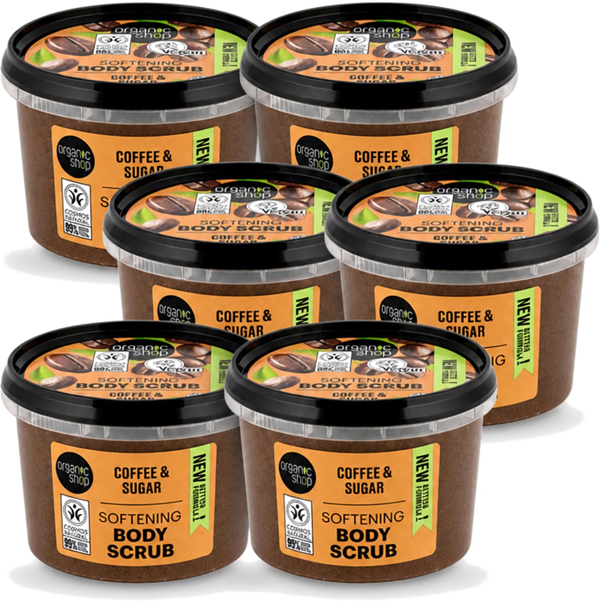 6 x Organic Shop - Organic Coffee & Sugar Body Scrub - Hydraterend en Peeling - 250 ml - Voordeelverpakking - 6 stuks